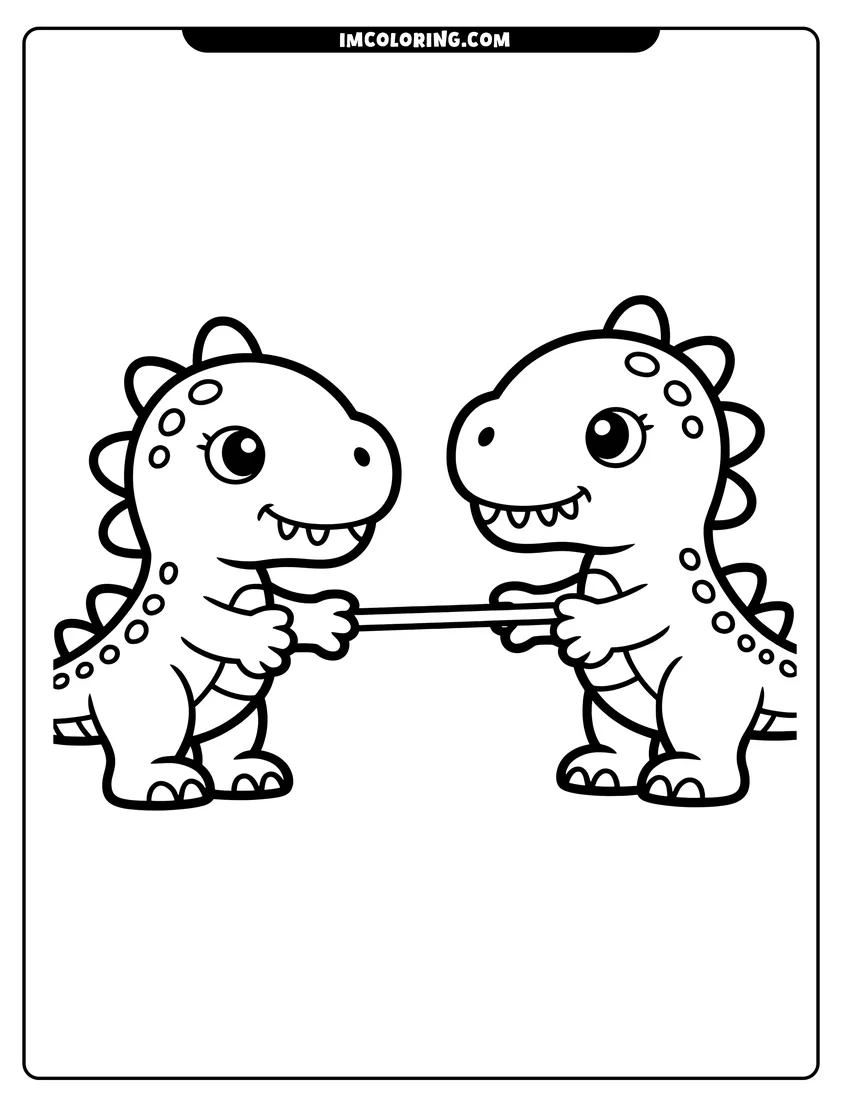 Printable coloring page of Two cute baby dinosaurs with big eyes playing tug of war with a small stick or rope