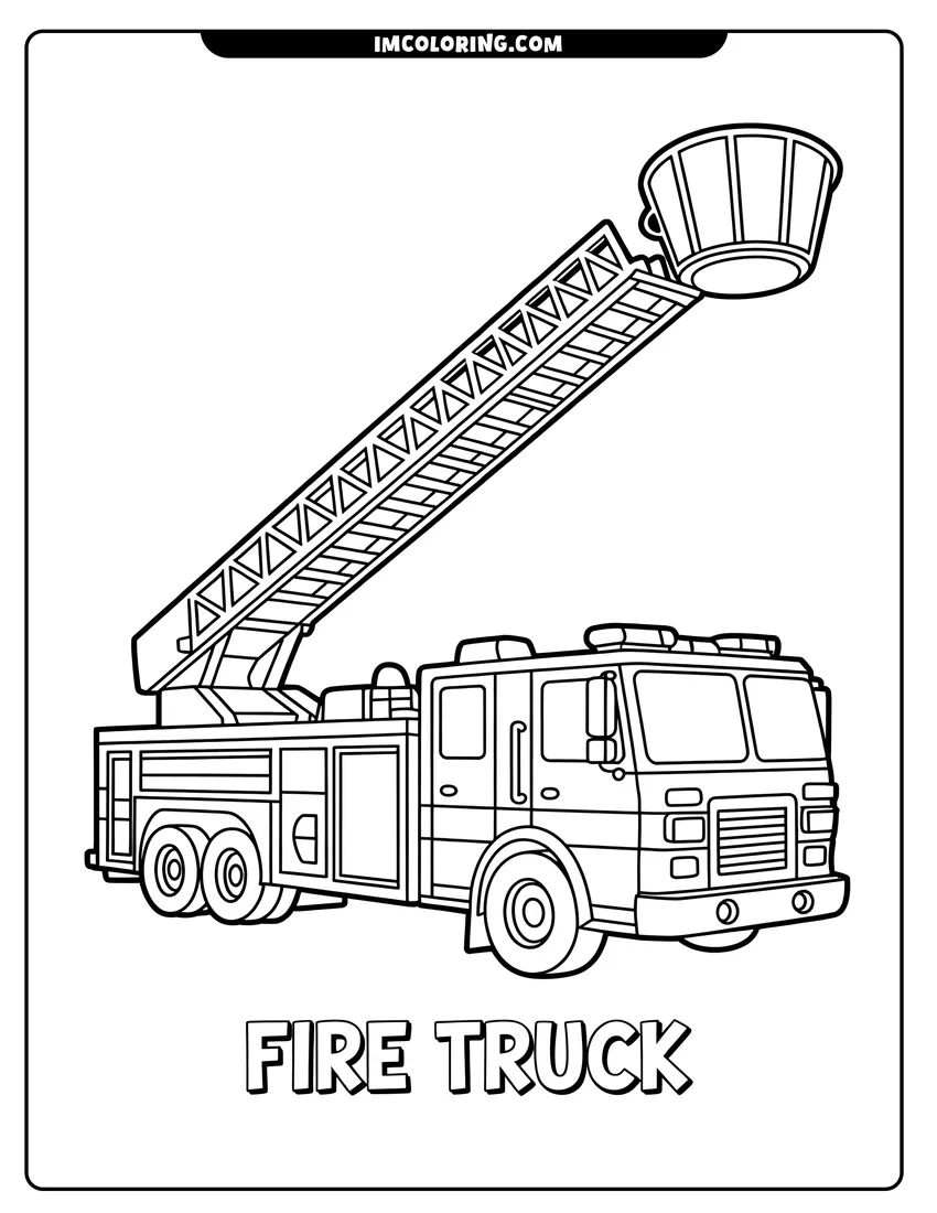 Black and white line art of A line drawing of a fire truck with a tall extendable ladder and bucket for rescue missions