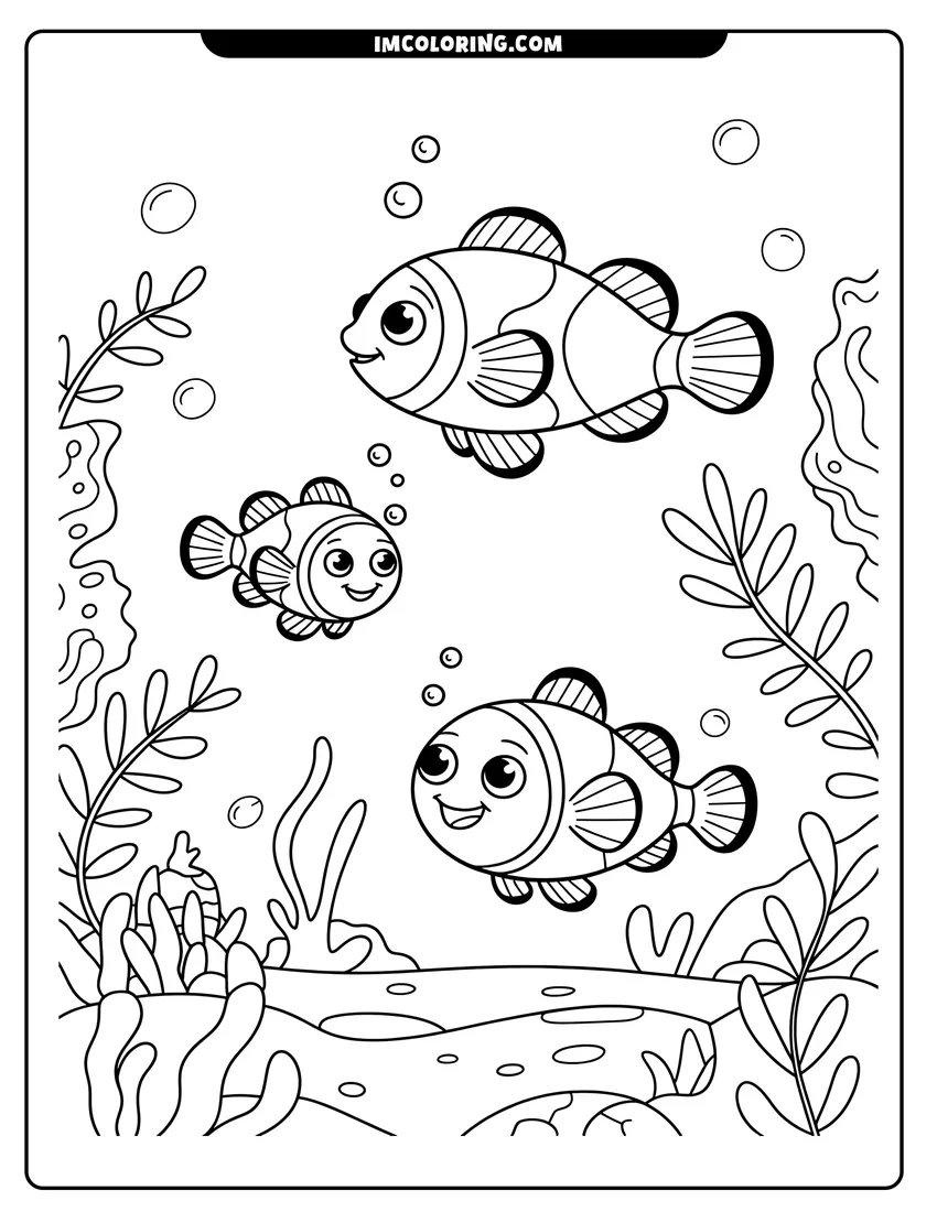 Printable line art of Three smiling clownfish swim among coral and bubbles on the ocean floor in a simple line art illustration