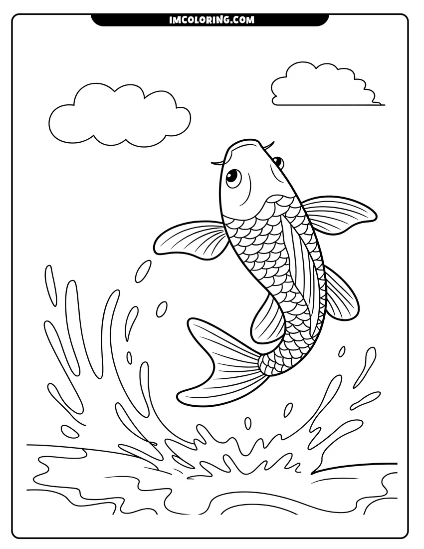 Simple sketch of A detailed koi fish jumping out of a splashing pond with clouds in the sky above to color