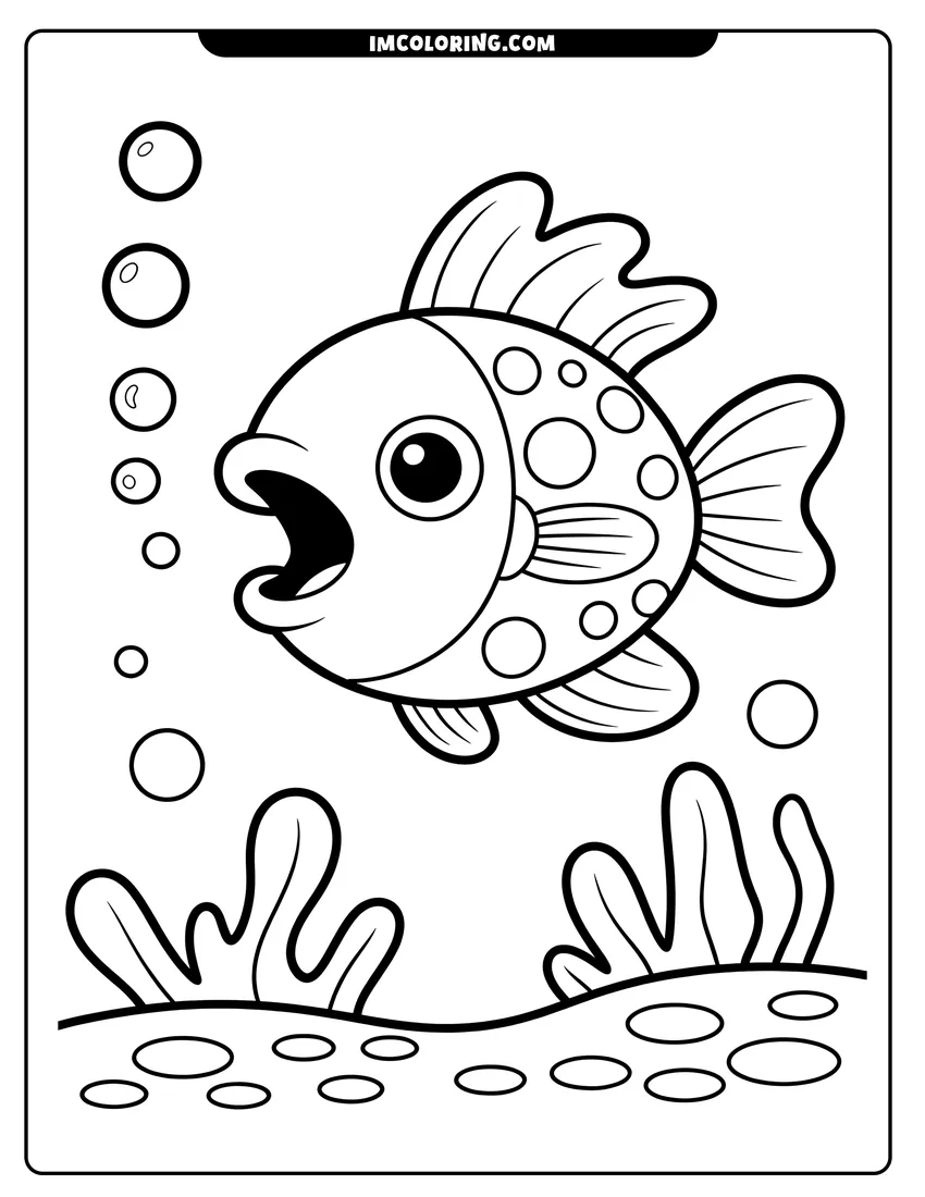 Coloring page for kids: A cartoon fish with spots swimming underwater and blowing bubbles near seaweed and ocean floor pebbles