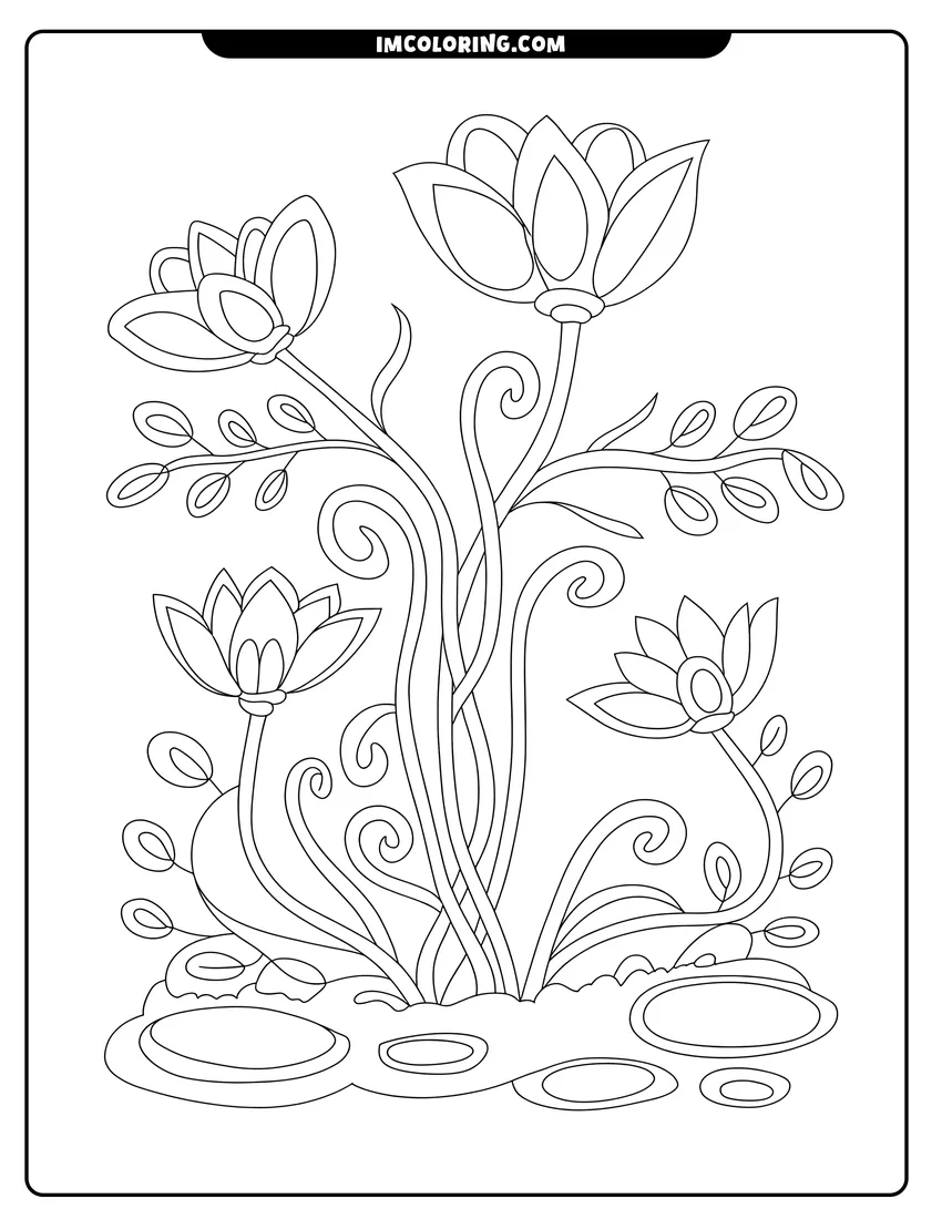 Free printable coloring sheet of Four blooming flowers with swirling stems and small leaves growing from a garden bed