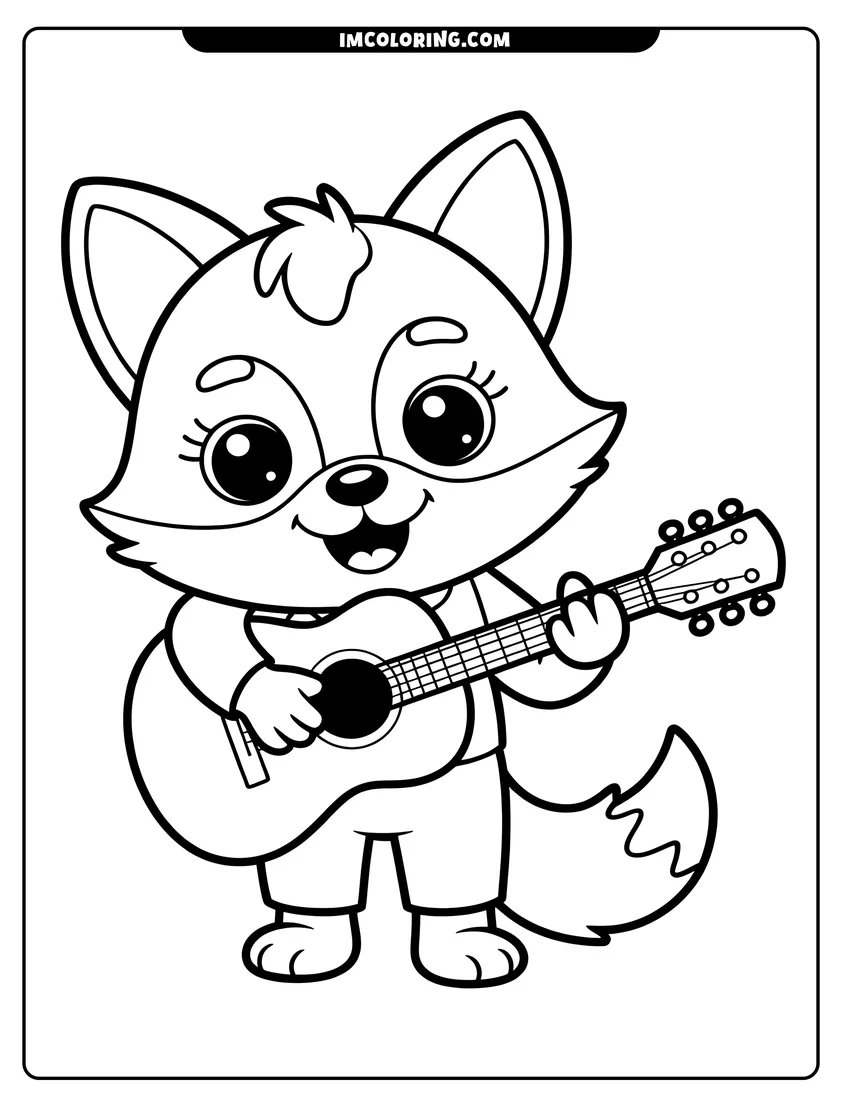 Free to print drawing of A cute cartoon fox with big eyes standing and playing an acoustic guitar with a happy smile