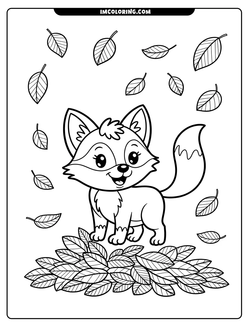 Free printable coloring sheet of A cute cartoon fox stands on a pile of leaves with autumn leaves falling from the sky