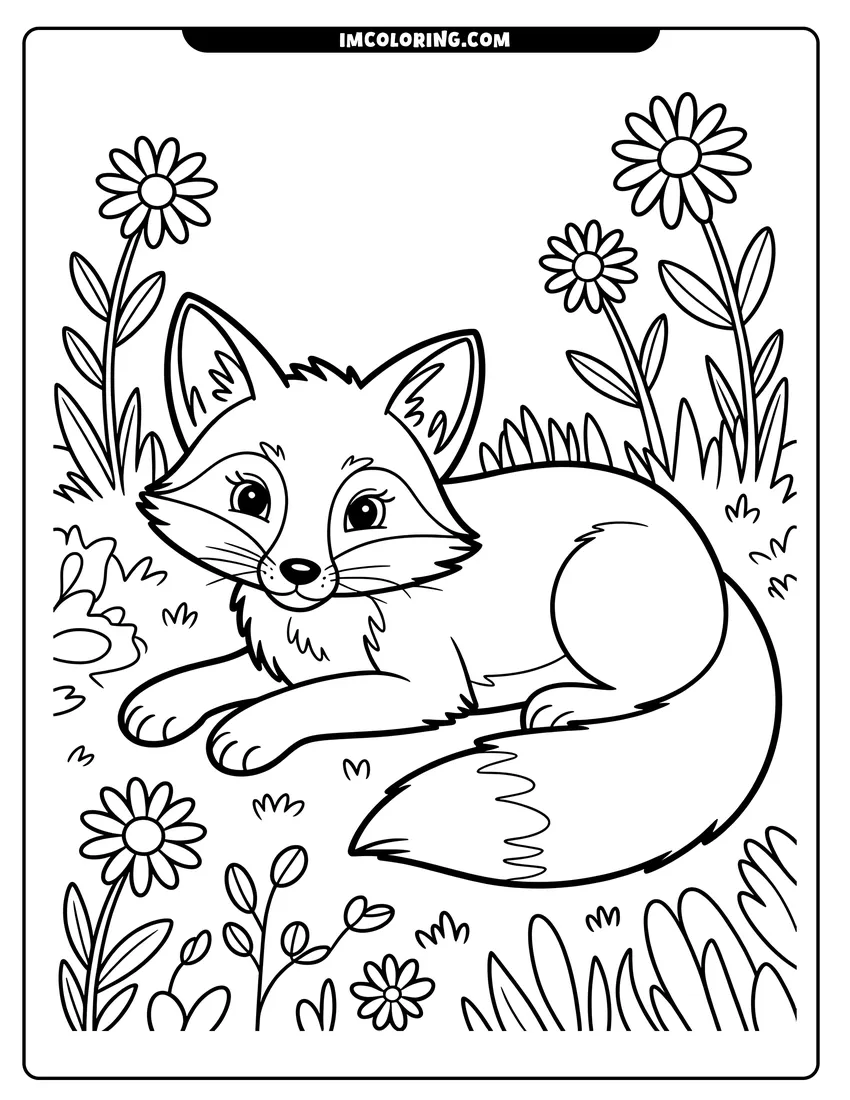 Vector style outline of A cute cartoon fox lying down in a field surrounded by tall daisies and grass
