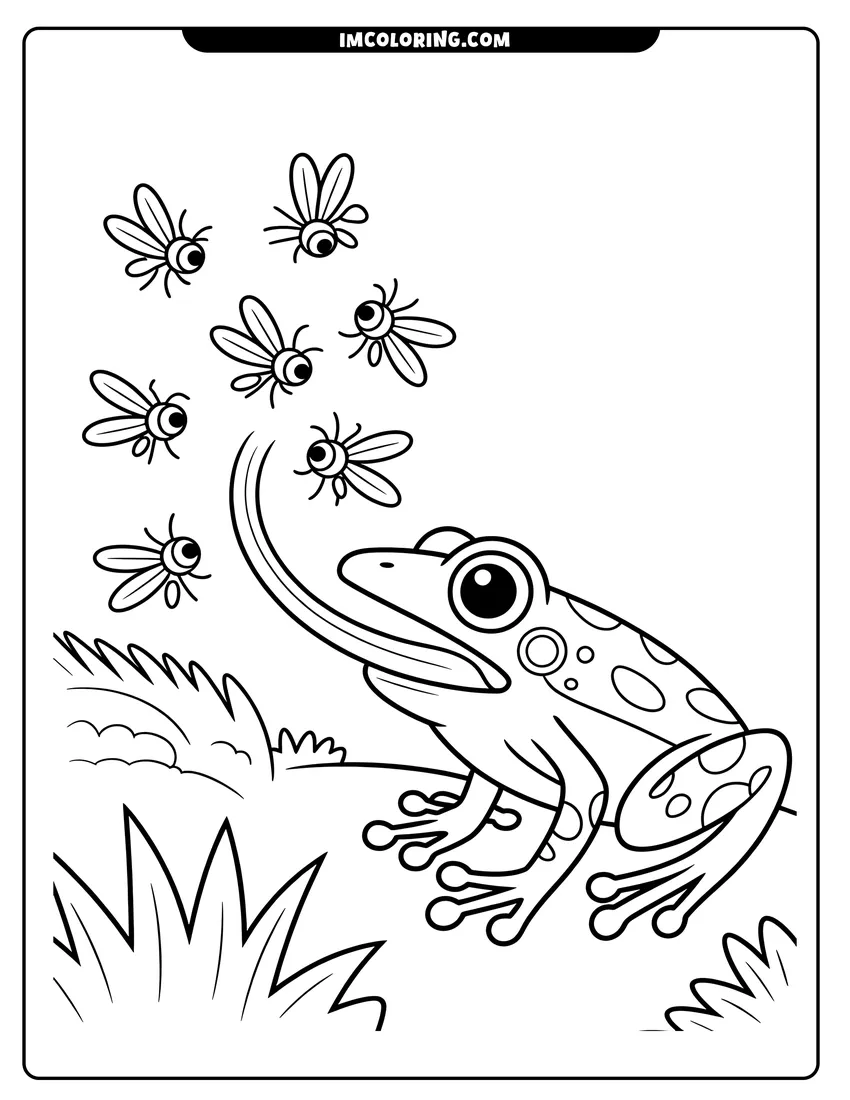 Simple sketch of A spotted frog with a long tongue catching a swarm of flies in a grassy field to color