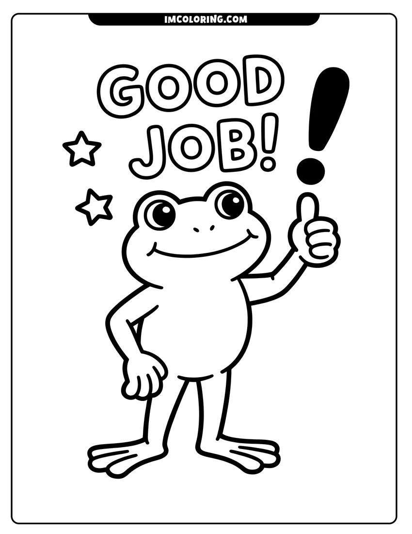 Coloring page of A cheerful cartoon frog giving a thumbs up next to the words Good Job and two stars