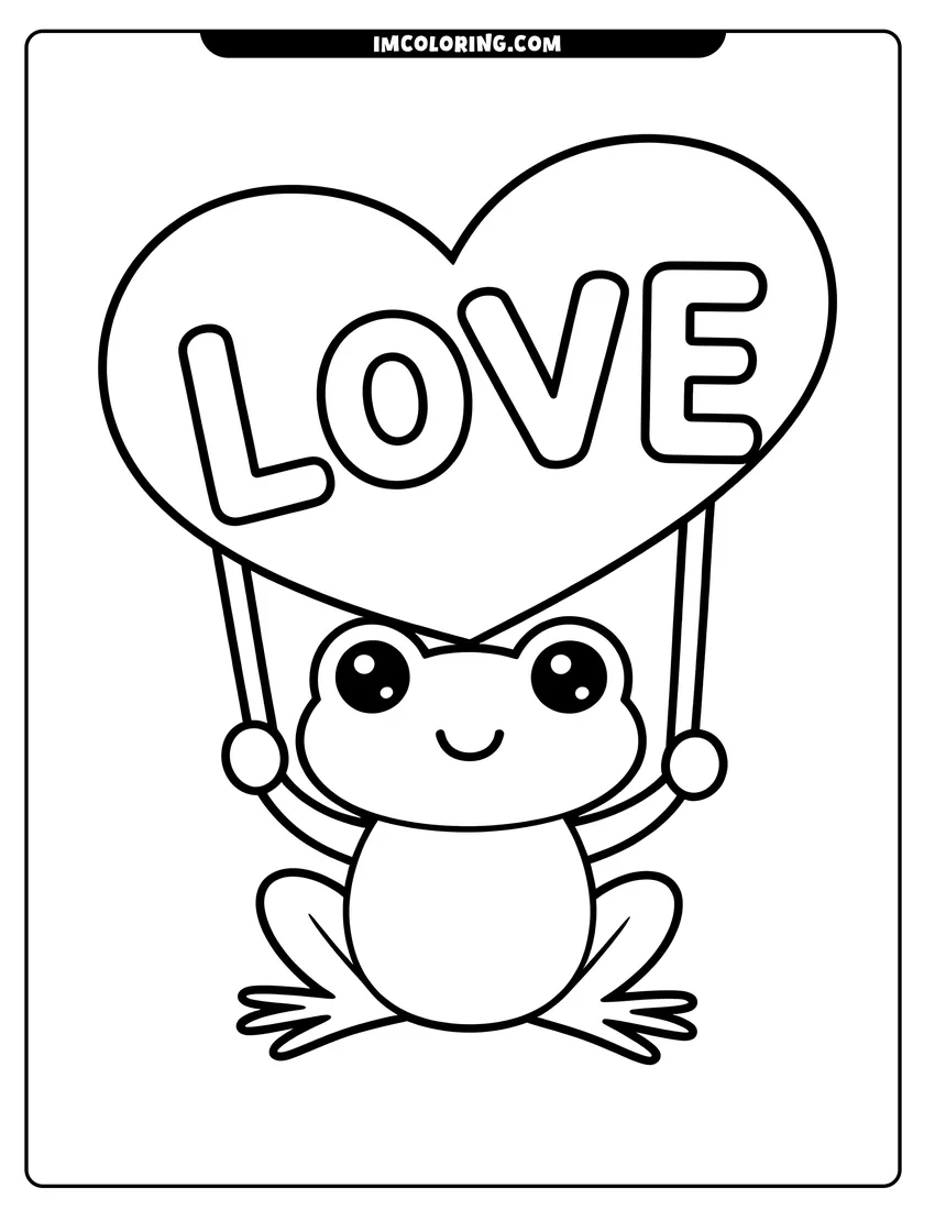Printable line art of A cute frog sitting down and holding a large heart sign with the word love inside it