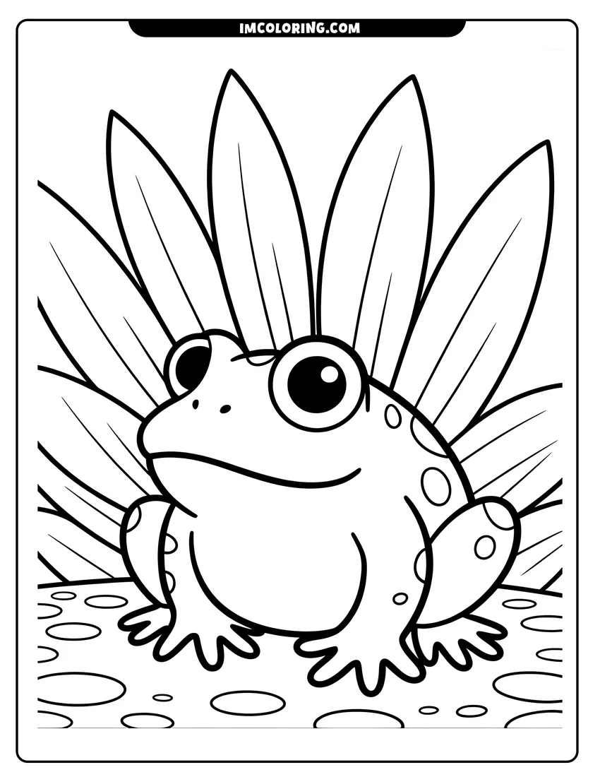 Outline drawing of A cute cartoon frog with large eyes and spots sitting in front of tall, pointed leaves