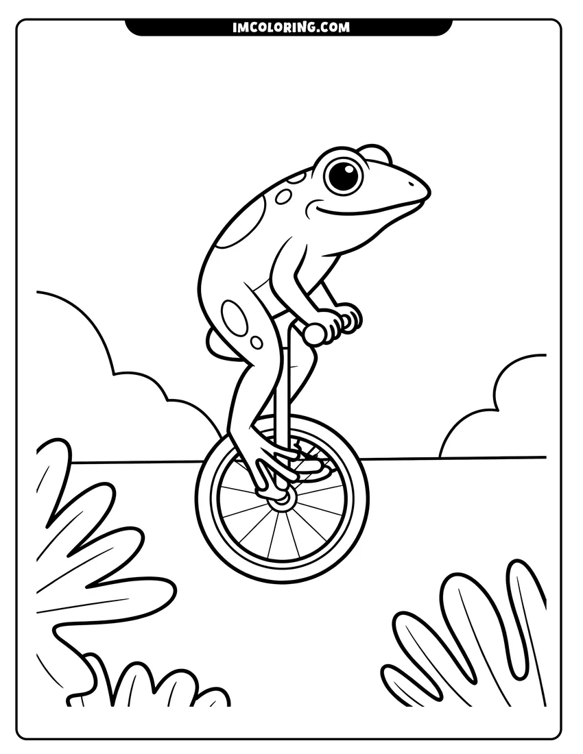 Vector style outline of A smiling cartoon frog balancing on a unicycle in a garden with large leaves and soft clouds