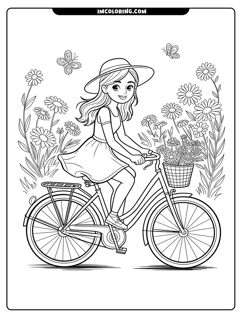 Printable line art of A girl in a sun hat riding a bicycle through a field of tall daisies with flying butterflies