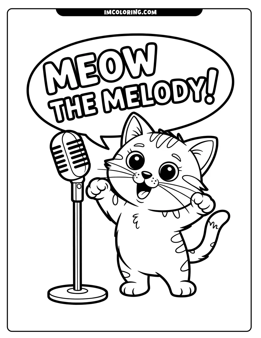 Coloring sheet featuring A cute cartoon kitten singing into a vintage microphone with a speech bubble saying Meow the Melody