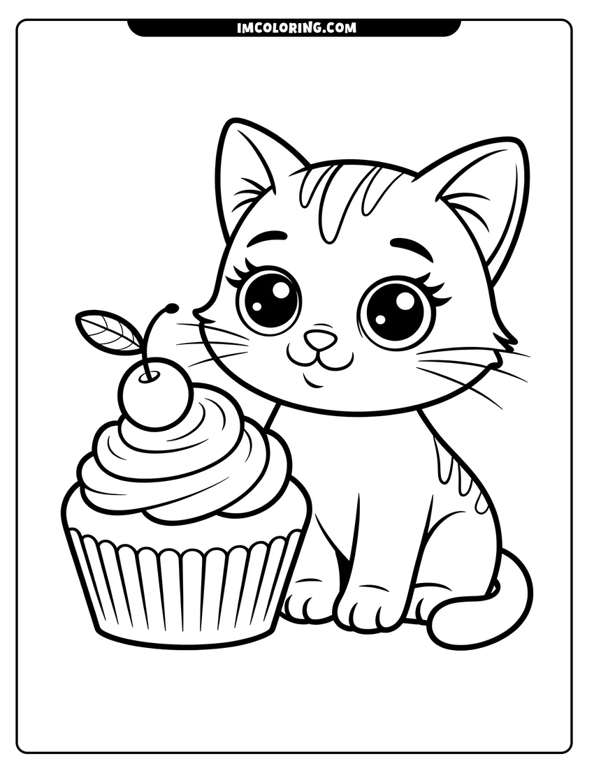 Coloring page for kids: A cute cartoon kitten with big eyes sitting next to a frosted cupcake with a cherry on top