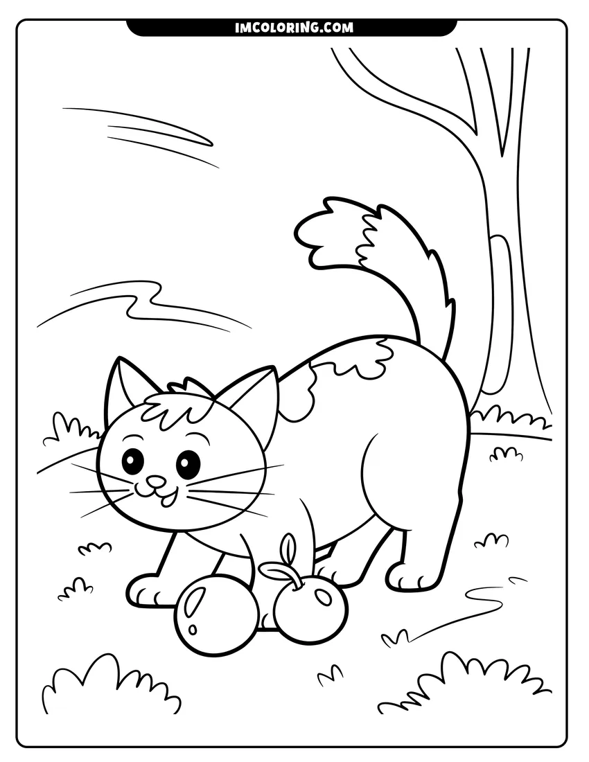 Free to print drawing of A cute spotted cat standing in a garden near a tree and two apples on the ground