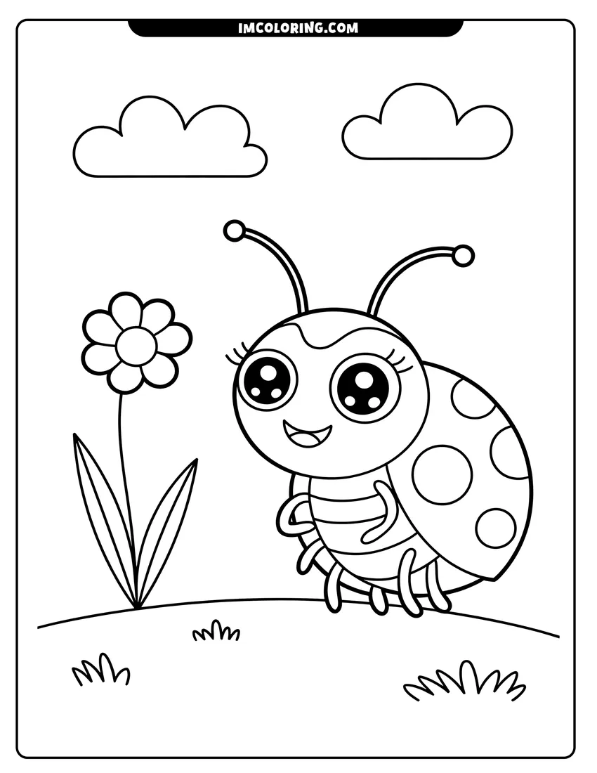 Printable line art of A cute cartoon ladybug with large eyes standing next to a flower under fluffy clouds in the sky