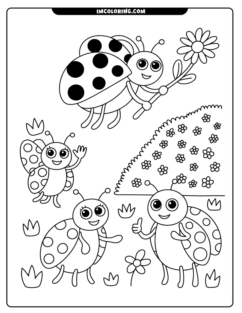 Outline drawing of Four cartoon ladybugs with spots smiling and playing in a garden filled with flowers and green grass