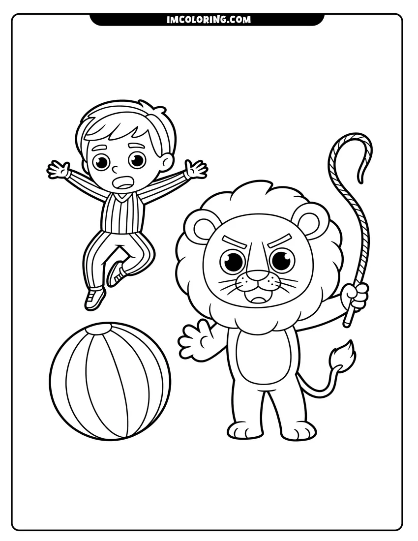 Linear illustration of A cartoon boy jumping in the air next to a circus lion holding a hoop and ball