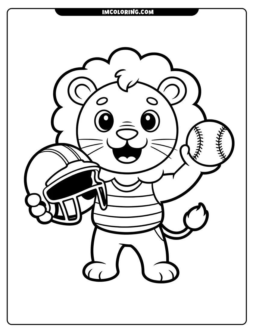 PDF style coloring page: A cute cartoon lion holding a baseball helmet in one hand and a baseball in the other