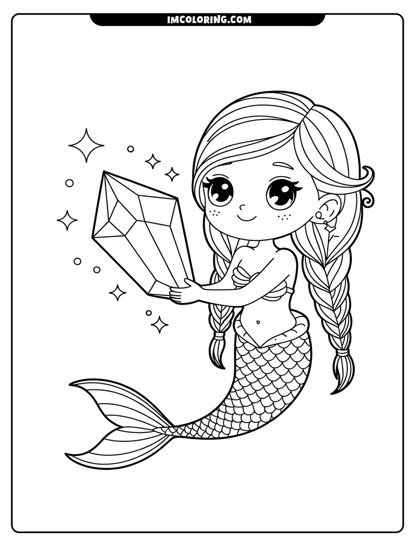 Simple sketch of A cute chibi mermaid with braided hair holding a large magical crystal surrounded by floating sparkles and stars to color