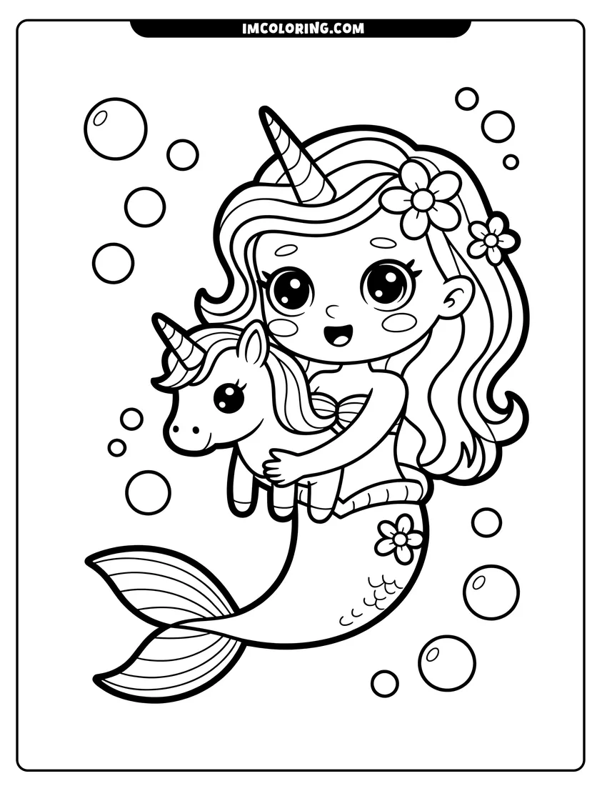 Full page coloring image of A cute mermaid with a unicorn horn hugging a baby sea unicorn surrounded by floating bubbles and flowers