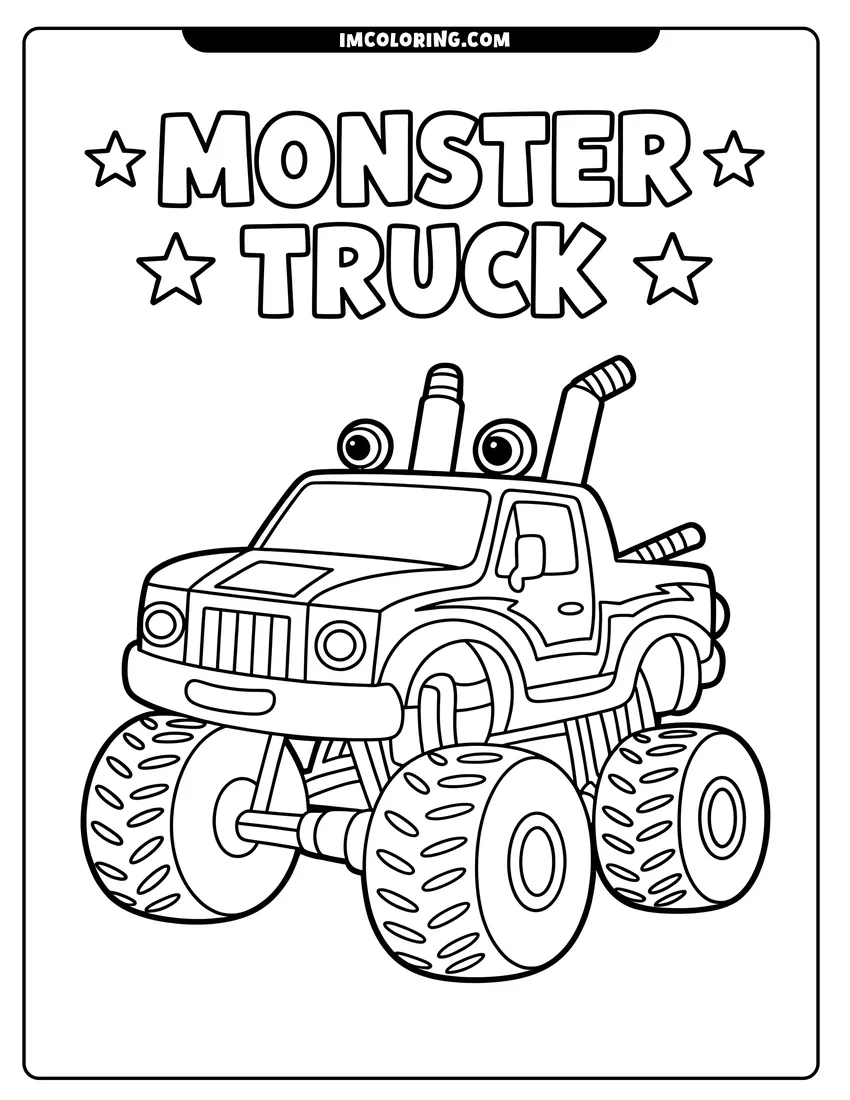 Printable coloring page of A powerful monster truck with huge textured tires and exhaust pipes surrounded by stars and bold lettering