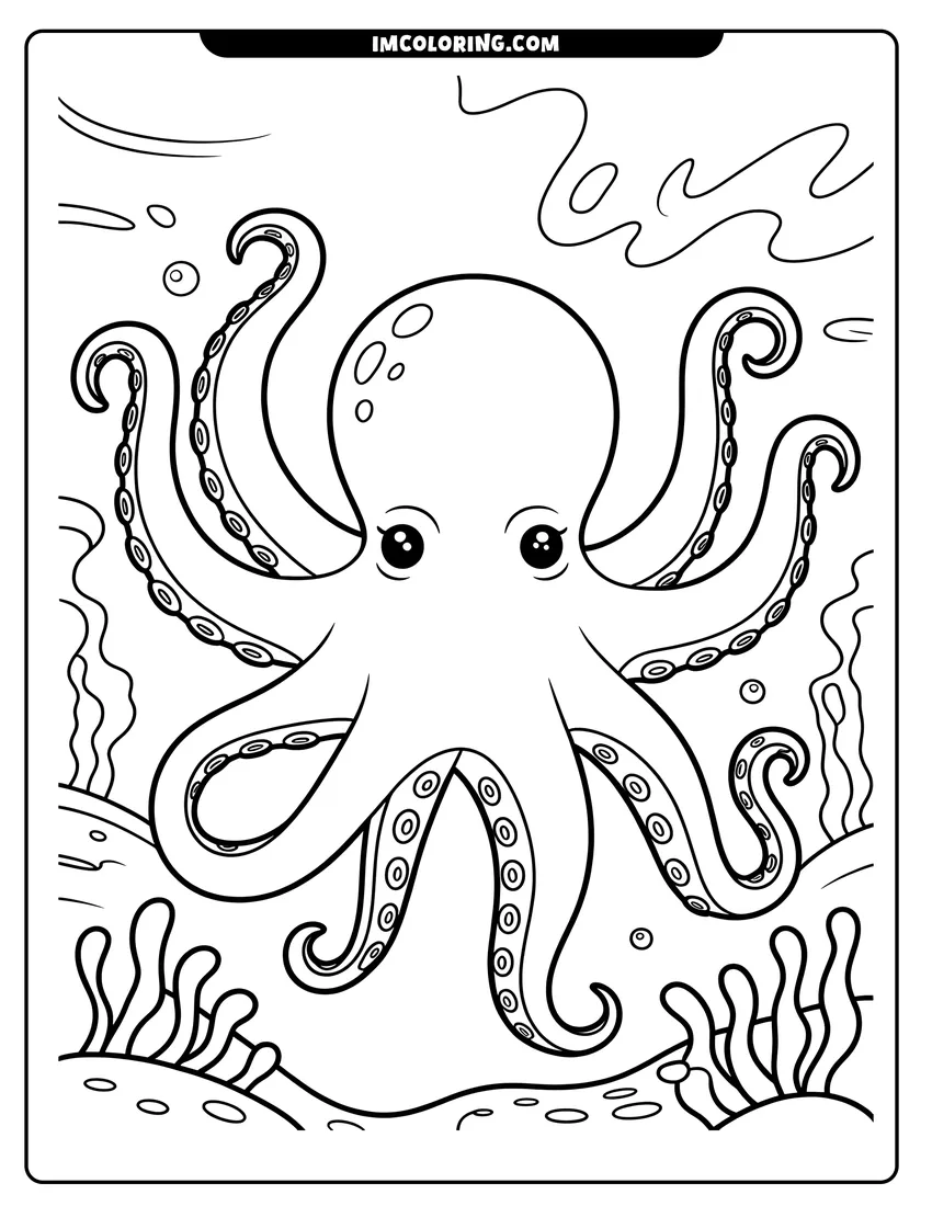 Outline drawing of A cute cartoon octopus with large eyes waving its tentacles underwater near seaweed and bubbles