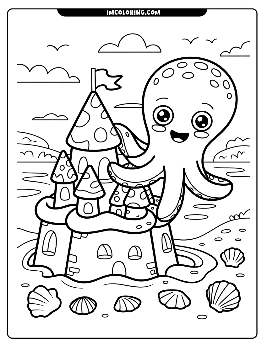 Clean line drawing: A cute octopus with large eyes hugging a decorated sandcastle on a beach surrounded by sea shells