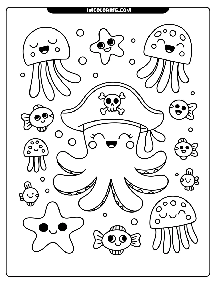 Black and white line art of A happy octopus wearing a pirate hat surrounded by jellyfish, fish, and starfish under the ocean