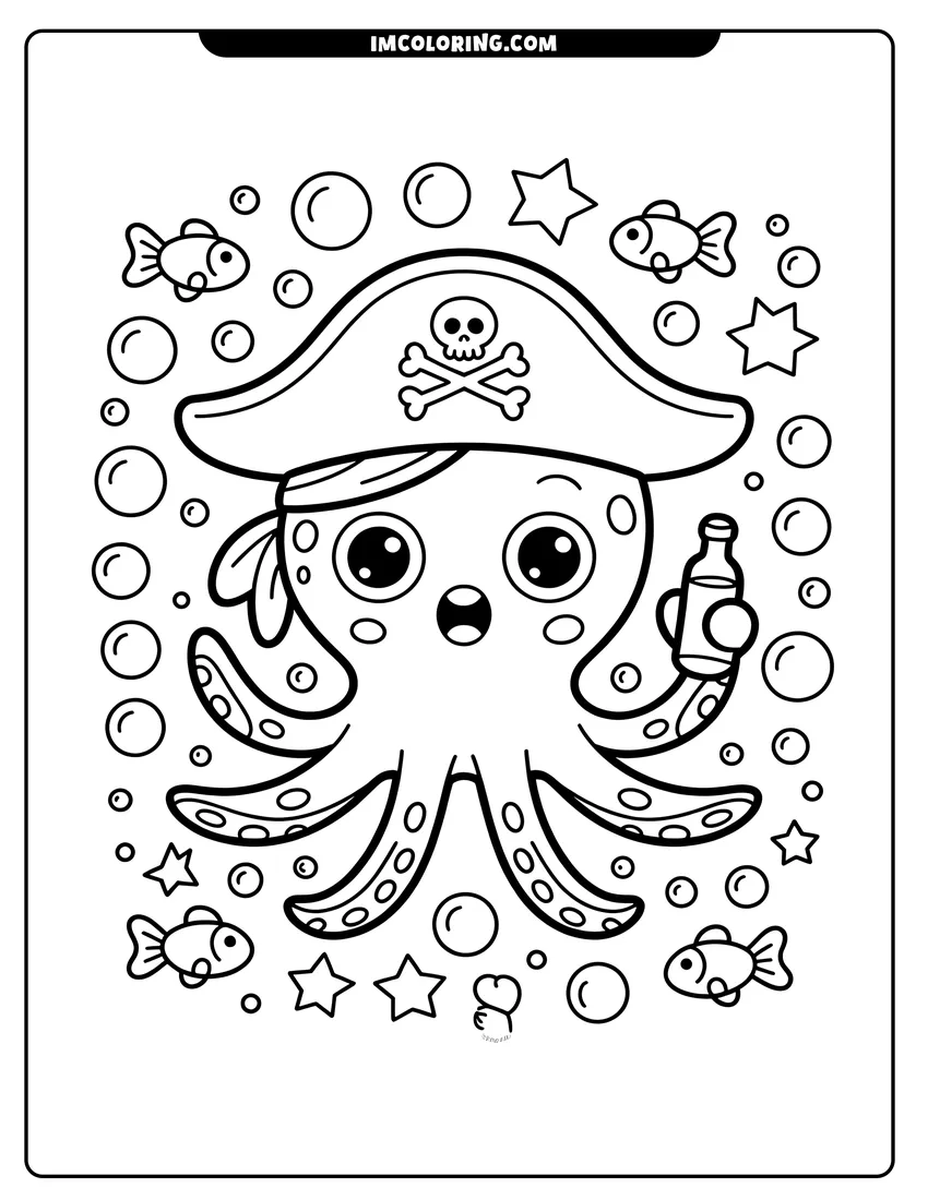 High quality printable A cute pirate octopus wearing a skull hat and holding a bottle surrounded by bubbles and fish for coloring