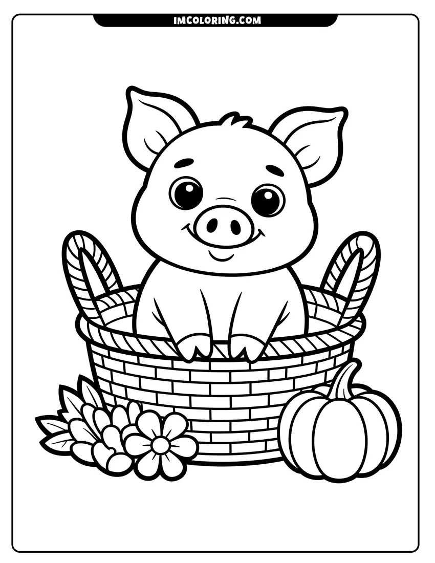 Coloring sheet featuring A cartoon piglet sitting inside a woven basket next to a pumpkin and a bunch of flowers
