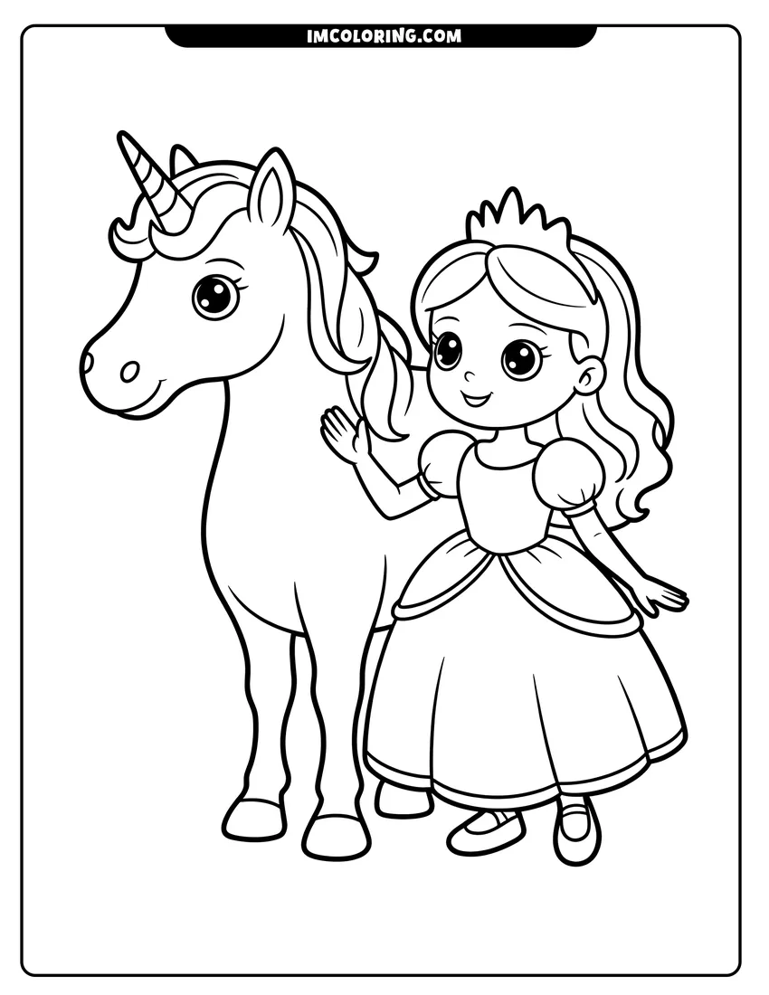 Free to print drawing of A cute cartoon princess wearing a crown stands next to a smiling unicorn with a long wavy mane
