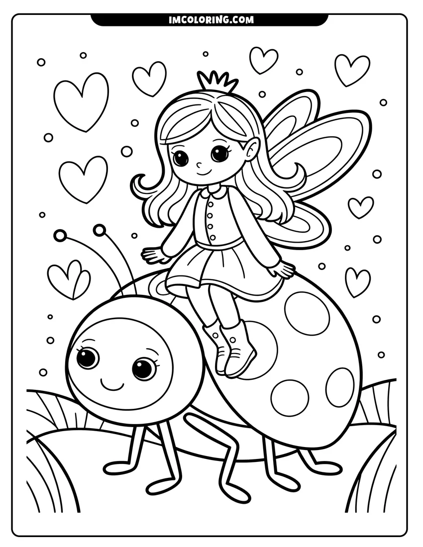 Linear illustration of A small fairy princess wearing a crown sits on the back of a large, smiling spotted ladybug