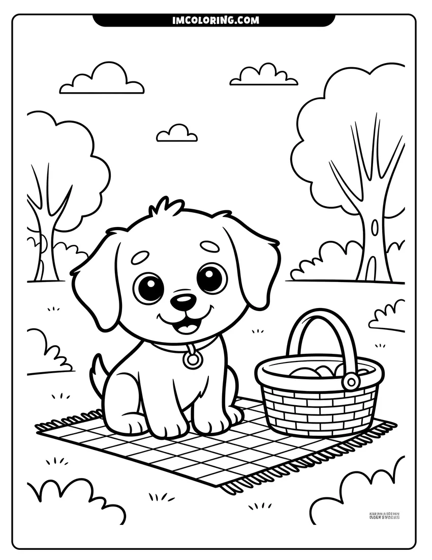 Free to print drawing of A happy puppy sitting on a checkered picnic blanket next to a woven basket in a park