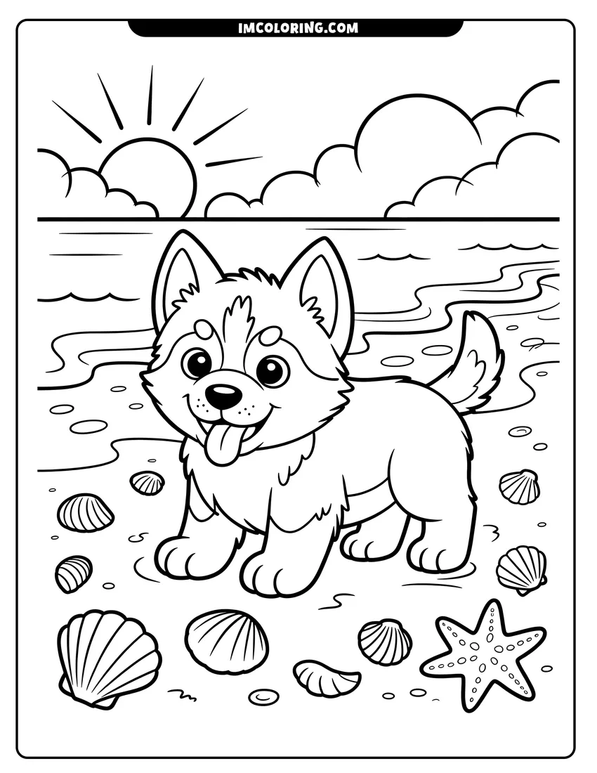 Free printable coloring sheet of A happy puppy standing on a sandy beach surrounded by seashells and a starfish near ocean waves