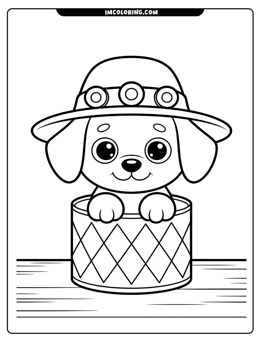 Clean line drawing: A cute puppy wearing a sun hat with goggles sitting inside a patterned bucket on a table