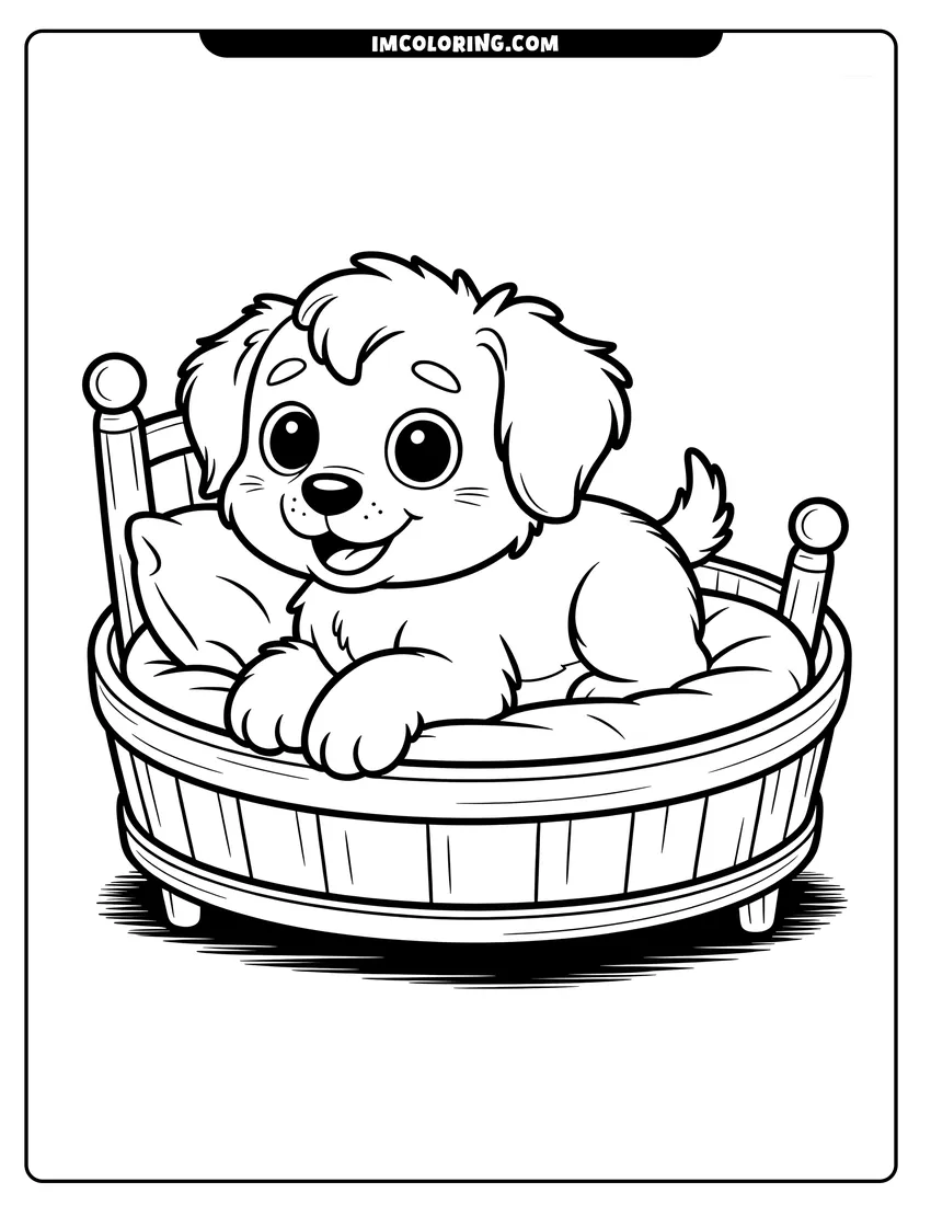Doodle style coloring picture of Fluffy puppy with big eyes sitting happily in a wooden bed with a soft cushion and pillow