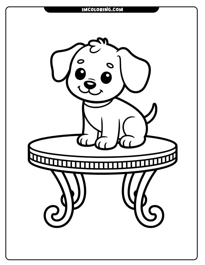 Printable coloring page of A cute cartoon puppy with big eyes sitting on a round decorative table with curved legs