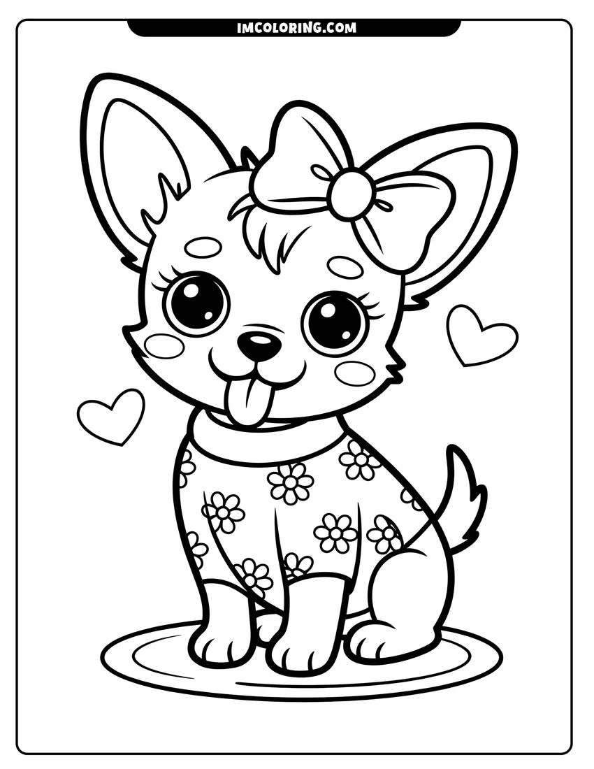 Linear illustration of A cute puppy with a large head bow and floral shirt sitting happily surrounded by small hearts
