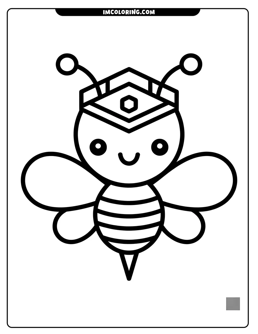 Simple sketch of A cute cartoon bee wearing a crown with a hexagon on its head and smiling with wings open to color