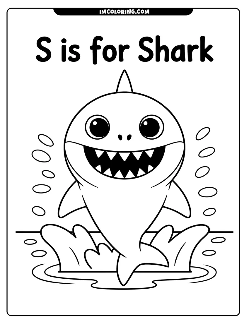 Coloring page for kids: A cute cartoon shark jumping out of water with the text S is for Shark and bubbles