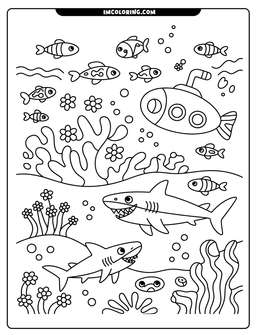 Outline drawing of Two smiling sharks swim through a coral reef near a small submarine and schools of tropical fish