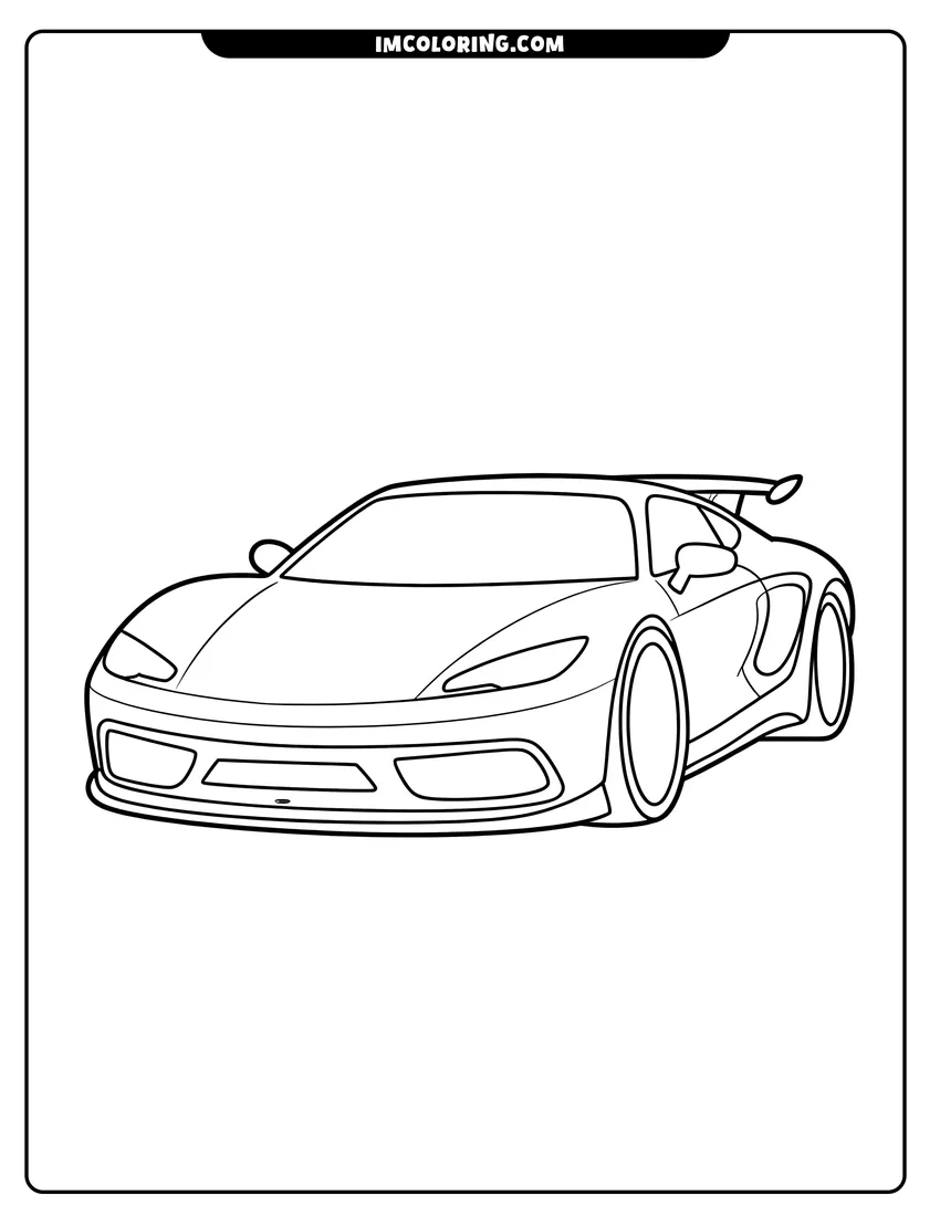 Coloring sheet featuring A sleek modern sports car with a large rear spoiler and bold outlines for kids to color