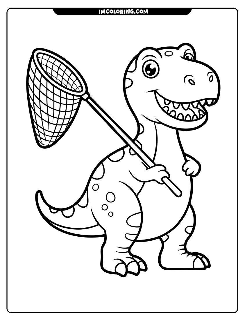 Coloring page of A cute cartoon Tyrannosaurus Rex standing and smiling while holding a large butterfly net with both hands