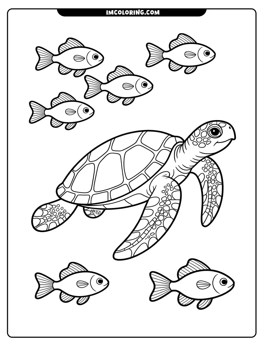 Printable coloring page of A sea turtle swimming underwater surrounded by a school of six small fish with detailed shell patterns
