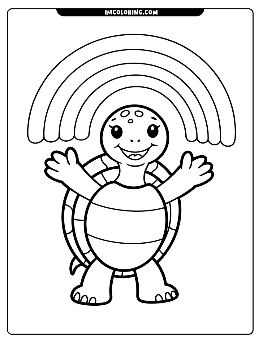 Full page coloring image of A happy cartoon turtle standing with arms wide open under a large rainbow with thick black outlines