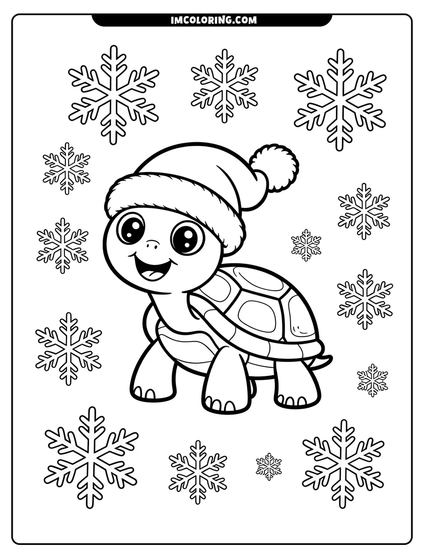 Linear illustration of A cute cartoon turtle wearing a Santa hat and smiling surrounded by falling winter snowflakes