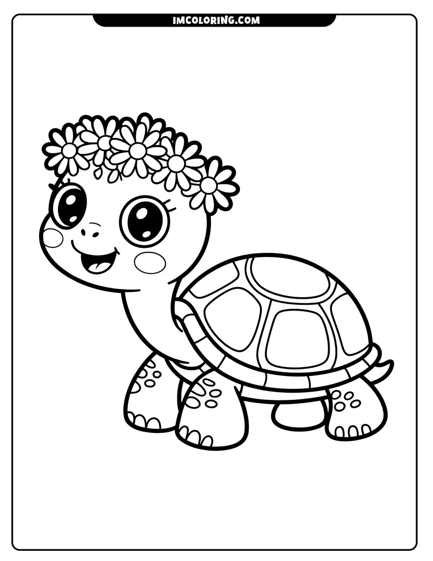 Free printable coloring sheet of A cute cartoon turtle with big eyes and a flower crown smiling while walking on its four legs