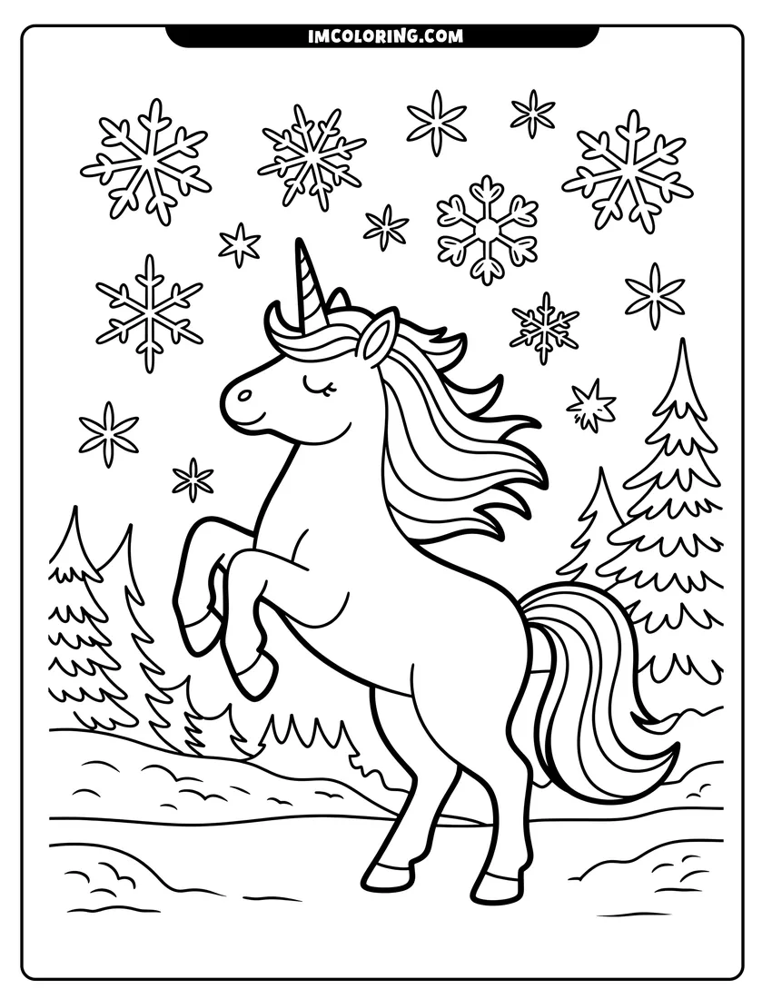 Coloring page for kids: A happy unicorn prancing in a snowy forest under large falling snowflakes with evergreen trees in the background