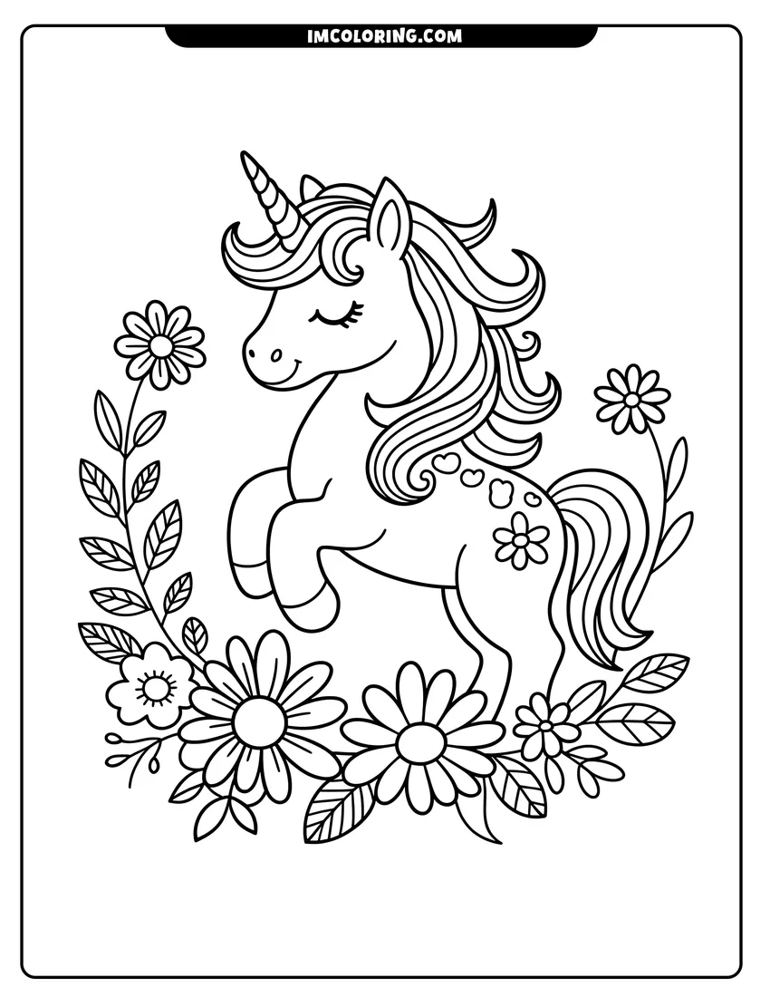 Downloadable coloring page of A happy unicorn with a spiral horn stands surrounded by large daisies and floral vines