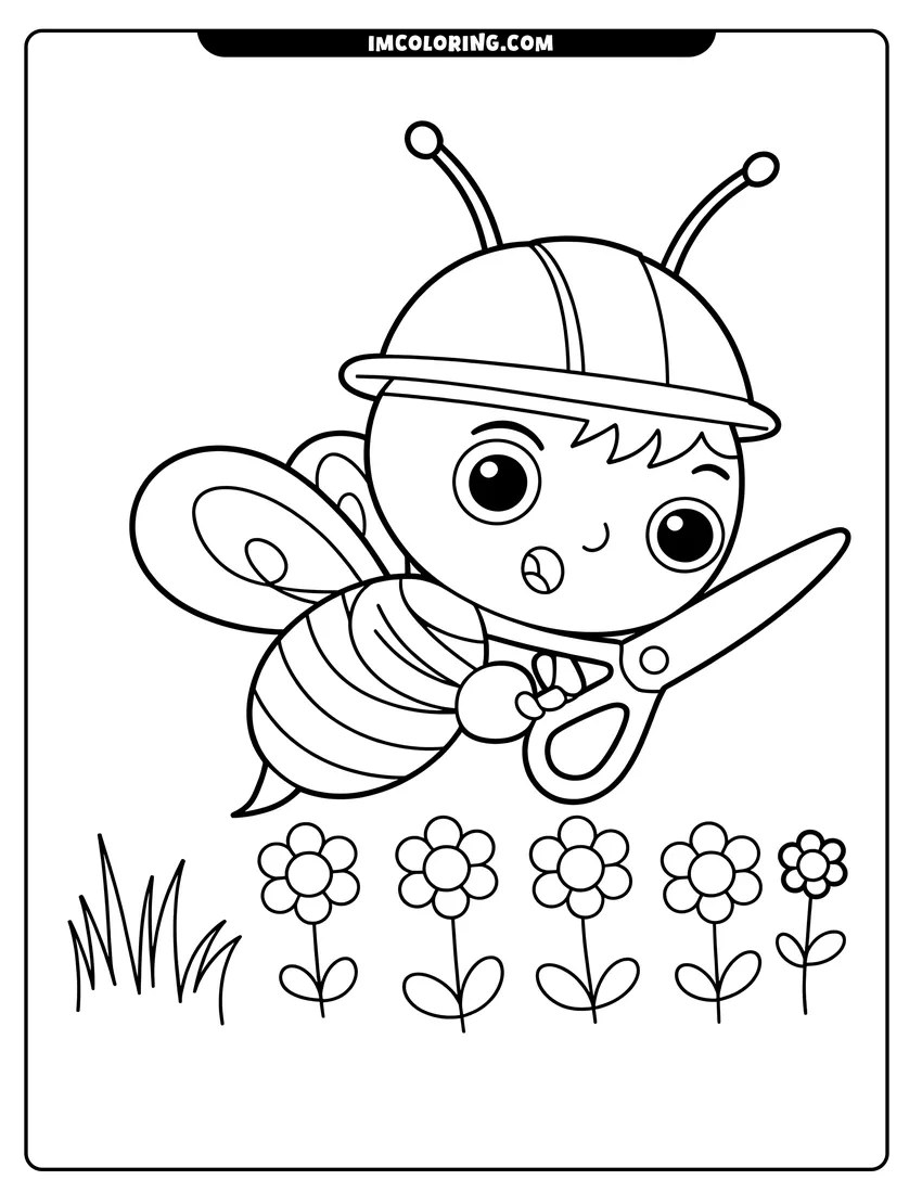 Printable line art of A cute cartoon bee wearing a hard hat and holding scissors while flying over a row of flowers